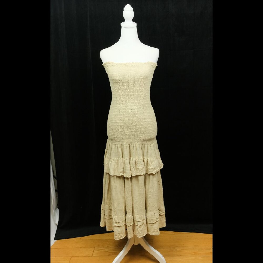 jluxlabel strapless, smocked, ruffled maxi dress in a light beige or ivory color - Picture 1 of 6